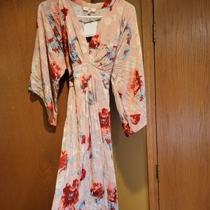 Boho Floral Print Kimono Sleeve Maxi Dress